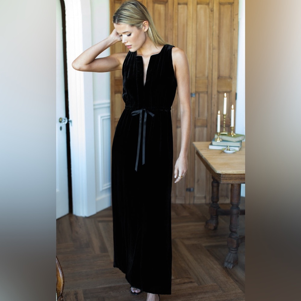 NWT Emerson Fry Sz. 2 Dress Black Silk Velvet Keyhole Long Maxi Tie Waist Formal